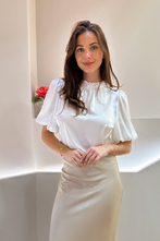 bloes korte mouw beige met bloemen aan kraag