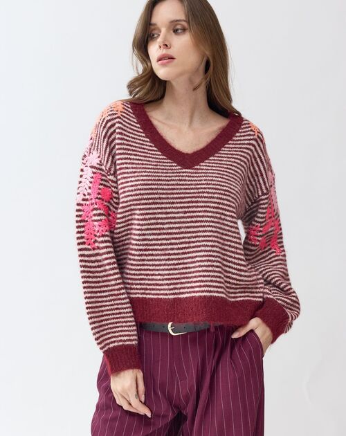 Trui lange mouw gestreept met broderie