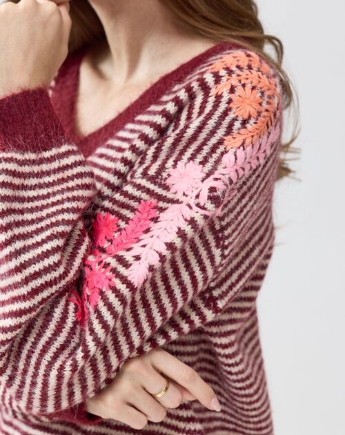 Trui lange mouw gestreept met broderie - 2