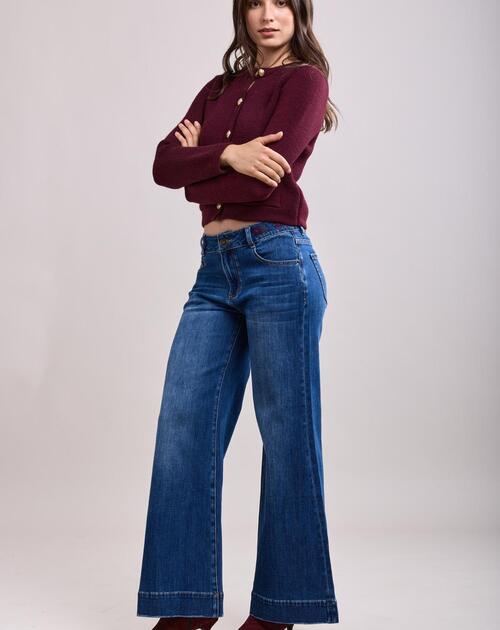 lange broek jeans wide en broderie in taille en achterzak