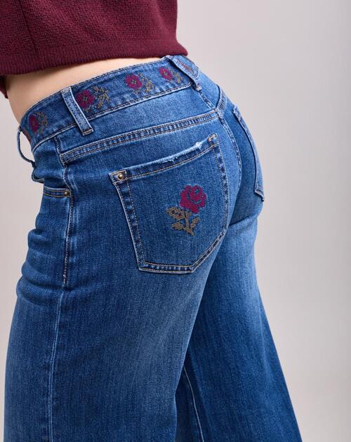 lange broek jeans wide en broderie in taille en achterzak - 2