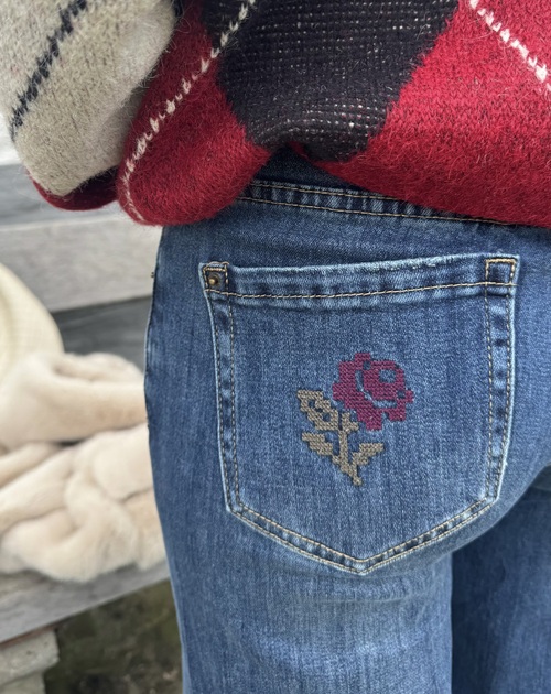 lange broek jeans wide en broderie in taille en achterzak - 2